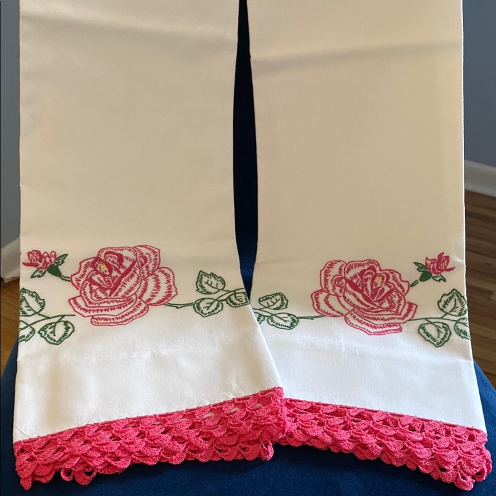 Vintage Pillowcases with Pink Floral Embroidery and Crochet work